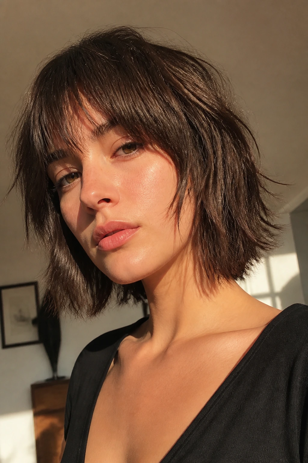 Portrait of a real person with choppy ends shag hairstyle.