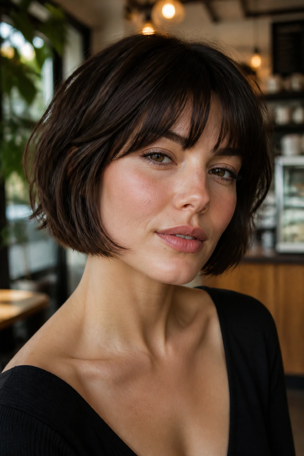 Portrait of a real woman with a choppy French bob and eyebrow-skimming bangs in a cafe