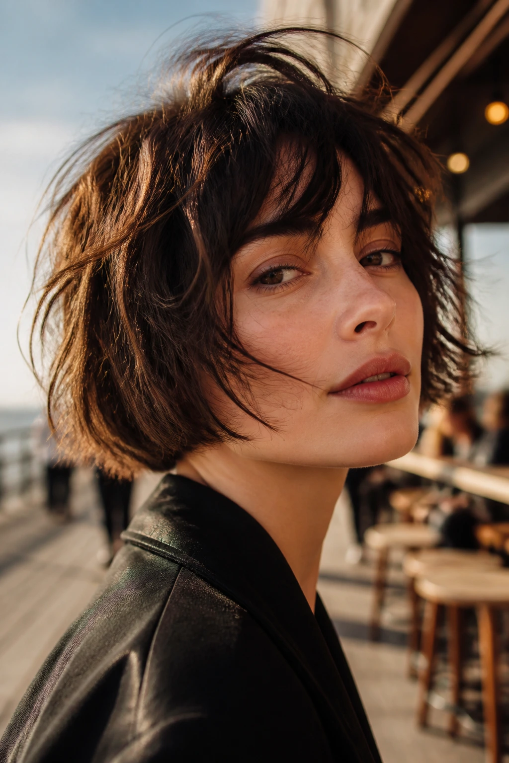 Close-up of a woman with a choppy French Girl bob in golden hour light
