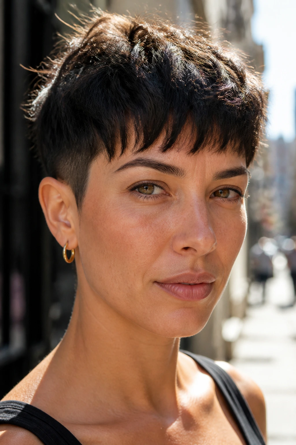 Real person with a choppy fringe crop on a sunlit city sidewalk