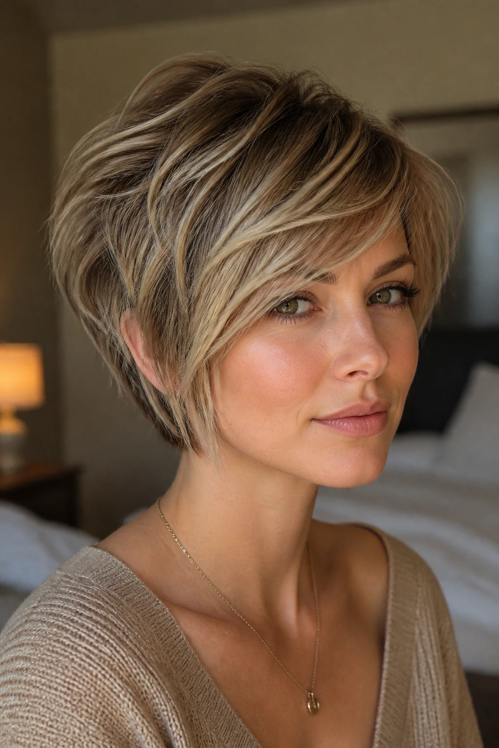 Close-up portrait of a real woman with a choppy swept fringe and textured pixie-bob layers
