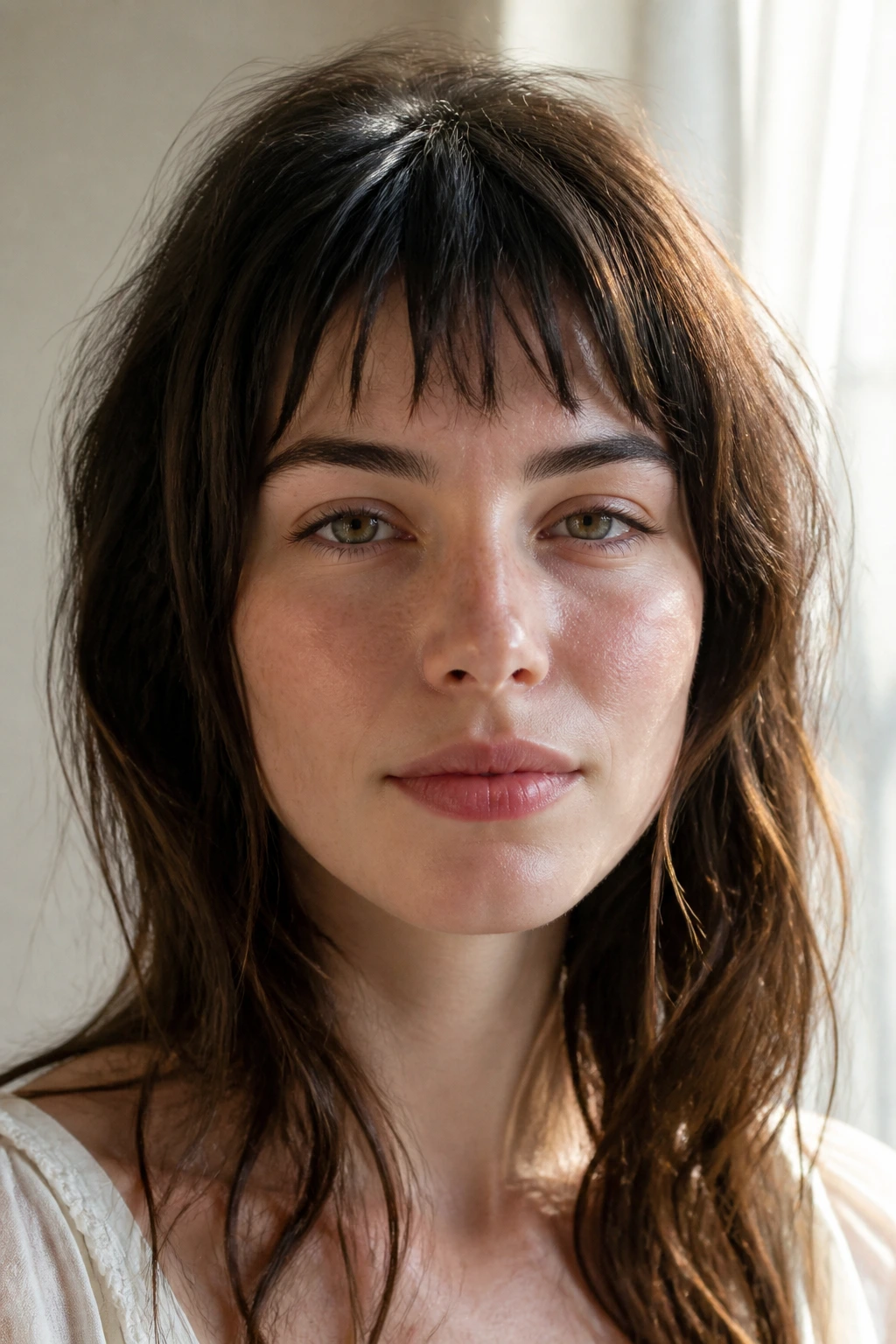 Close-up of a real woman with choppy textured baby fringe