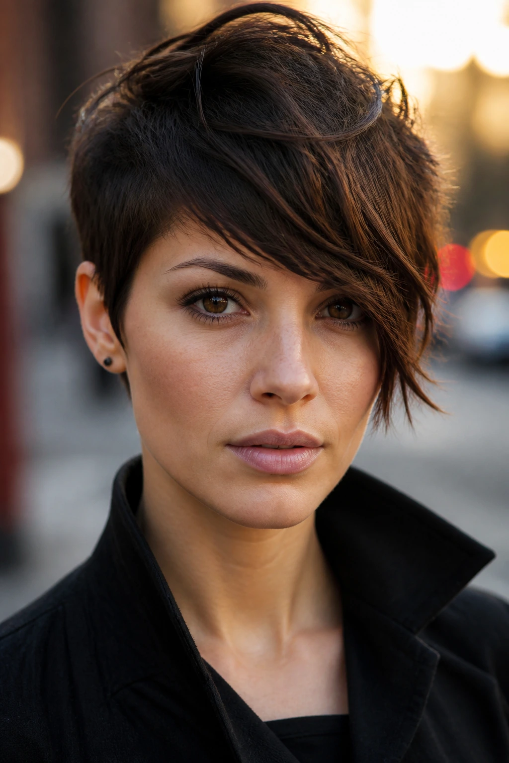 Close-up portrait of a person with choppy asymmetrical sweeping fringe.
