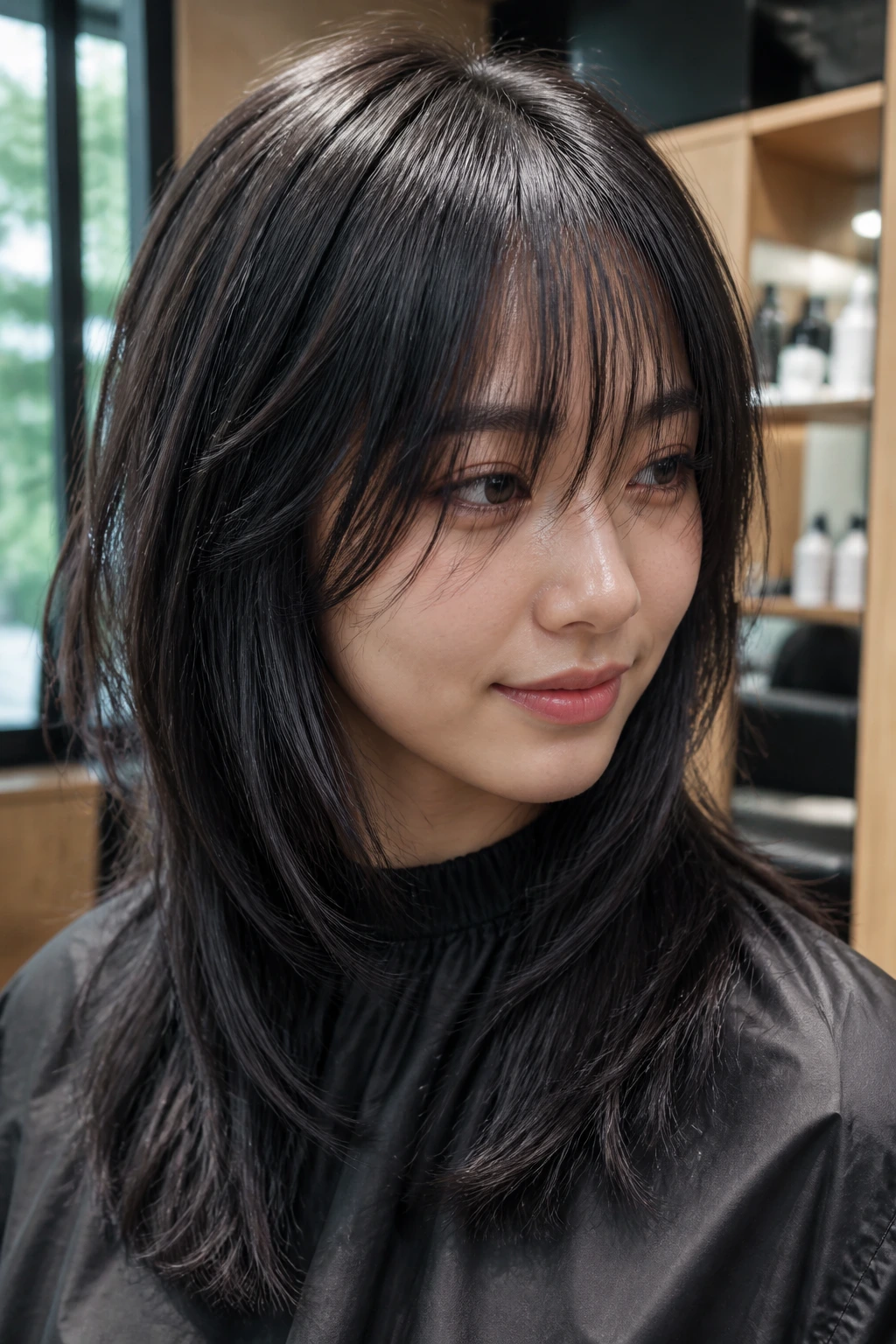 Close-up of a real person with choppy wispy fringe and internal layers.