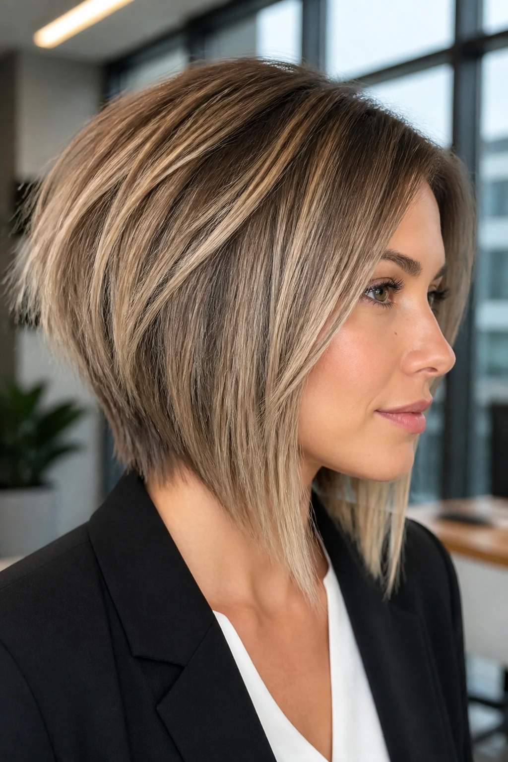 Close-up portrait of a real woman with a choppy inverted angled haircut in a modern office