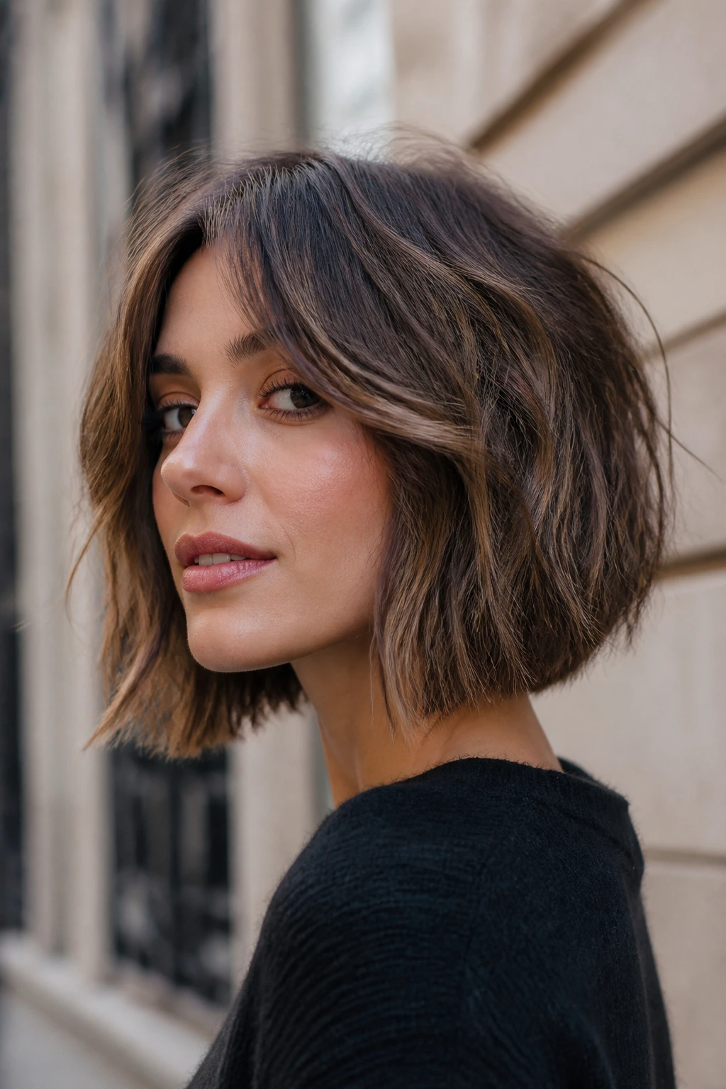 Portrait of a real woman with a choppy inverted bob and curtain bangs
