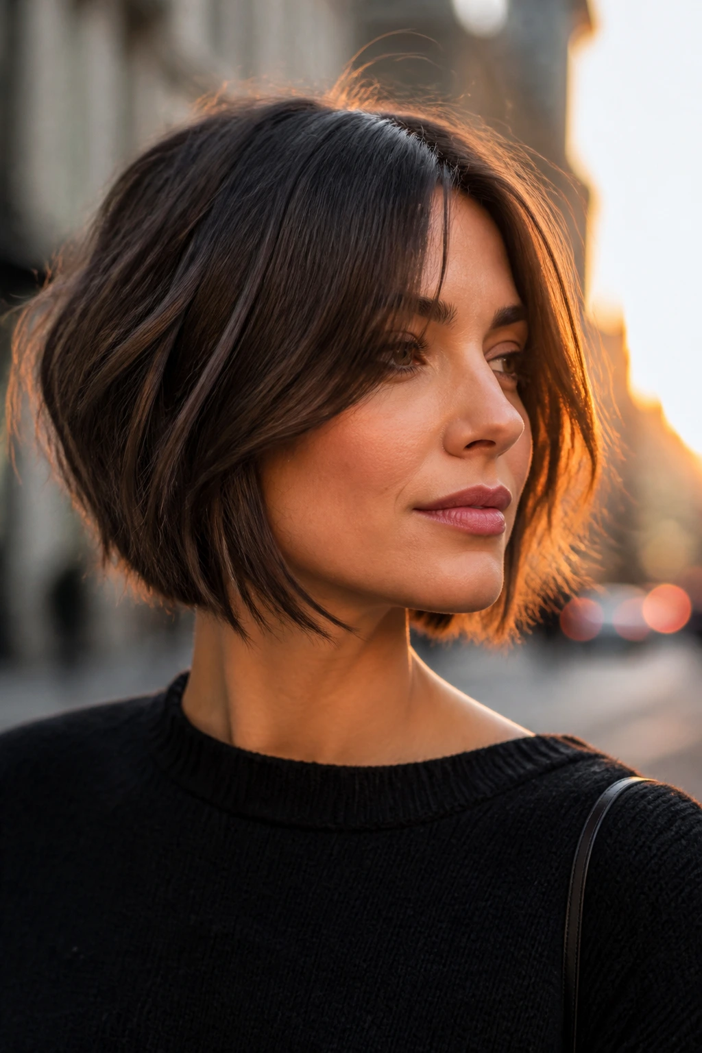 Close-up portrait of a woman with a choppy inverted bob.