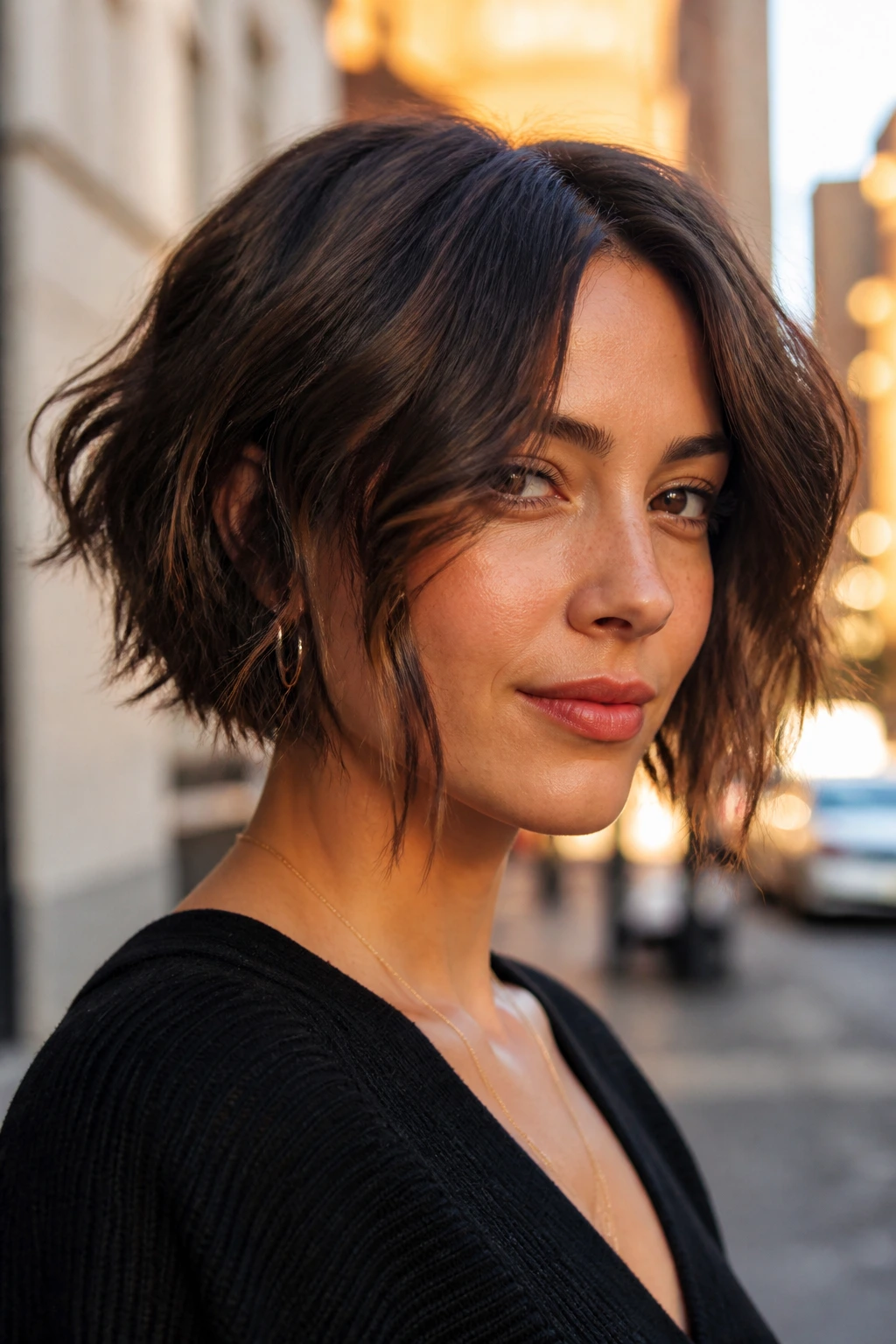 Portrait of real woman with short, choppy inverted bob in warm streetlight