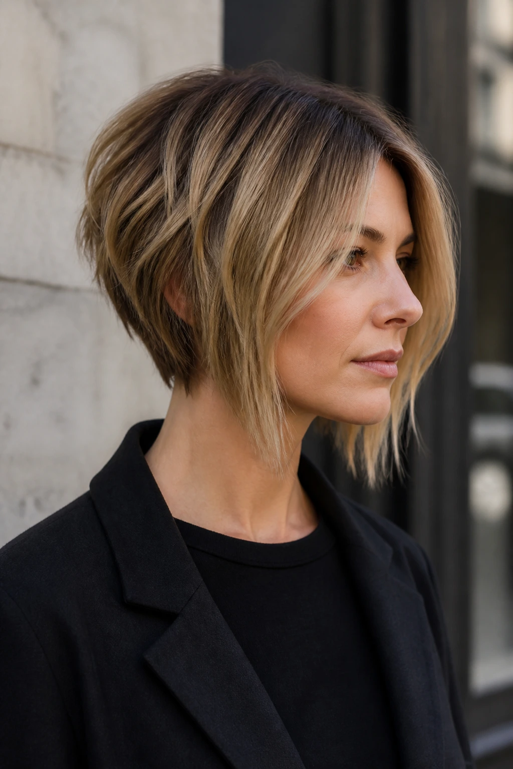 Portrait of a real woman with a choppy inverted bob