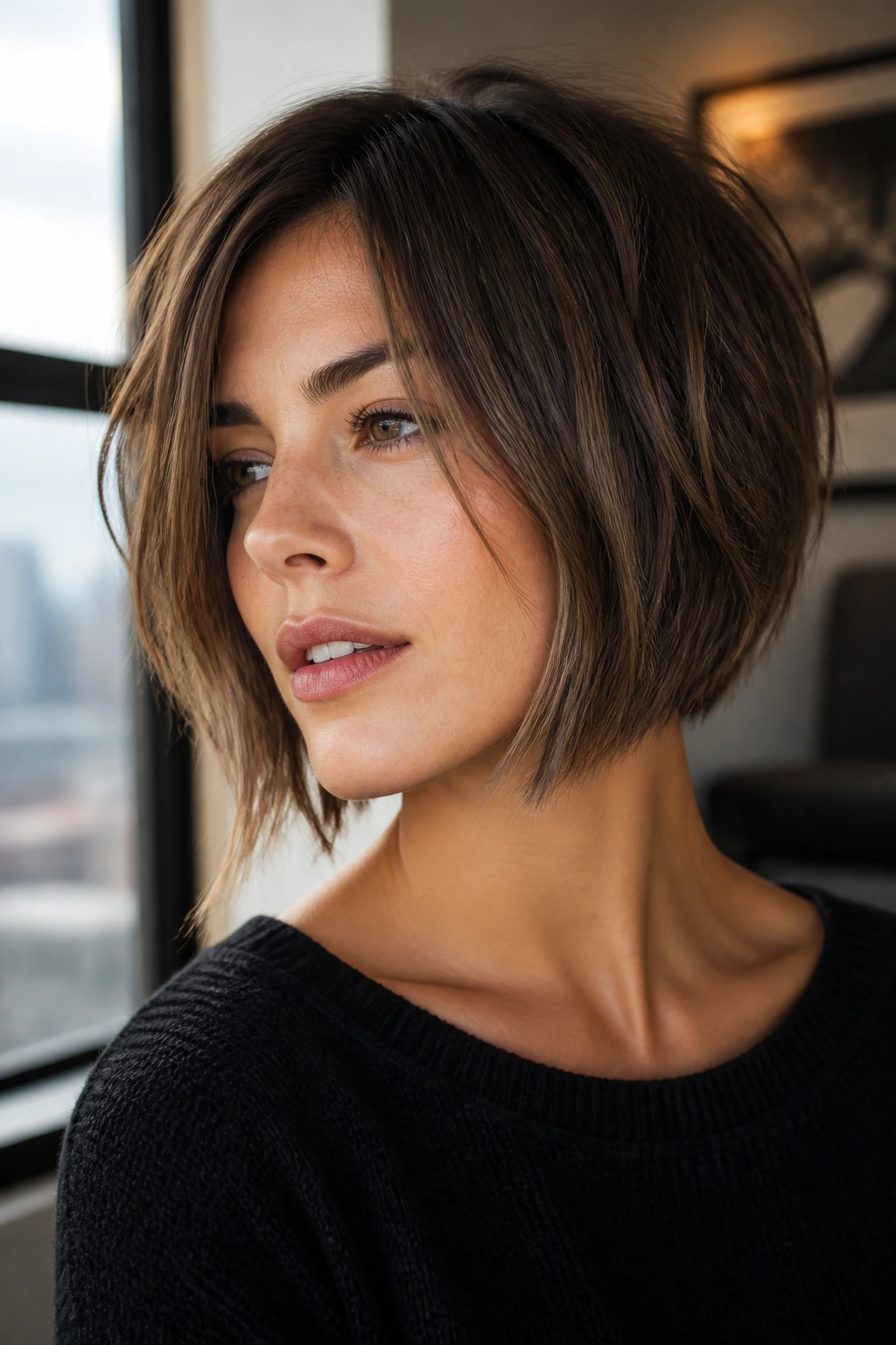 Portrait of a woman with a choppy inverted lob and textured tips