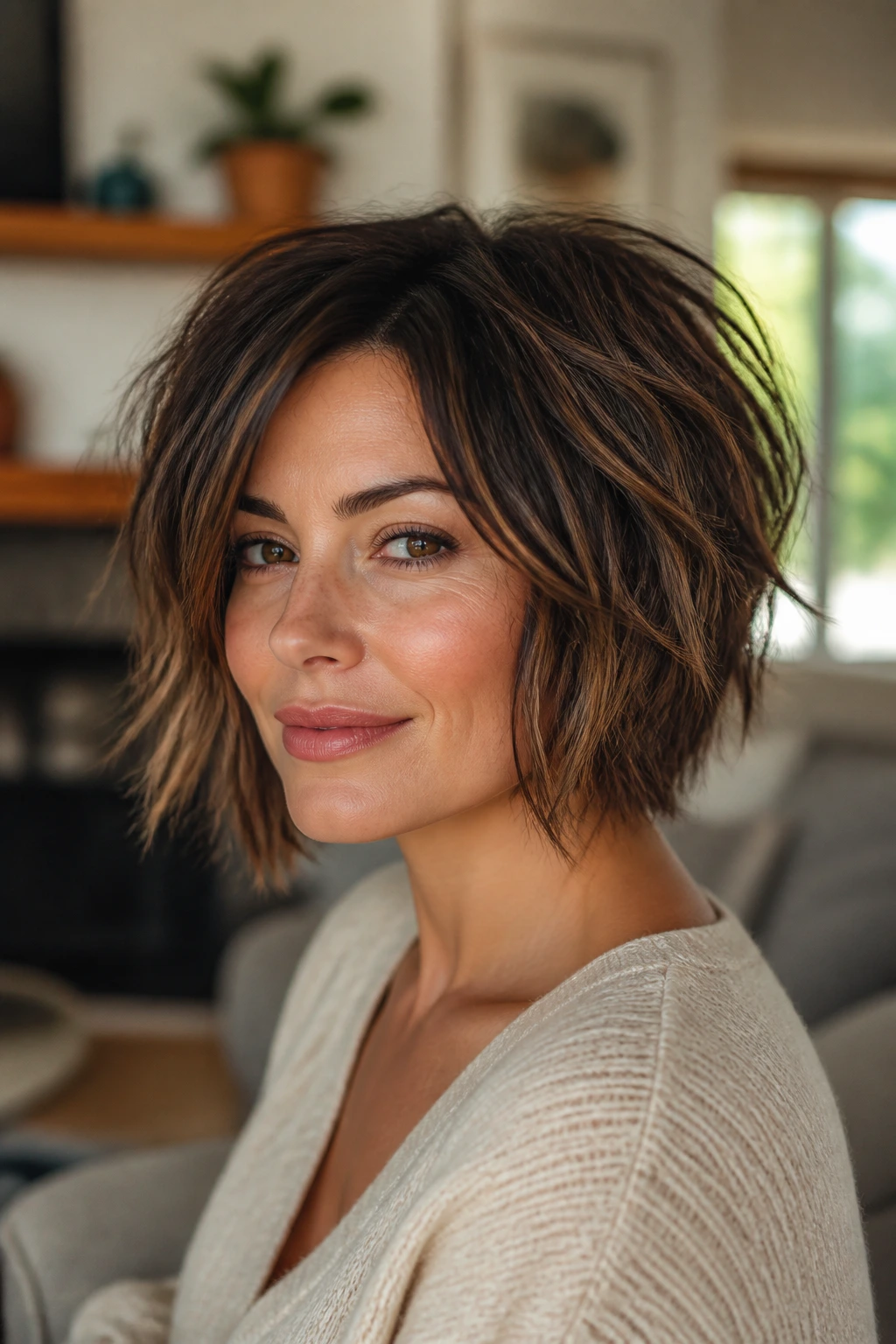 Close-up of a real woman with a choppy layered bob ending below the jawline in warm window light