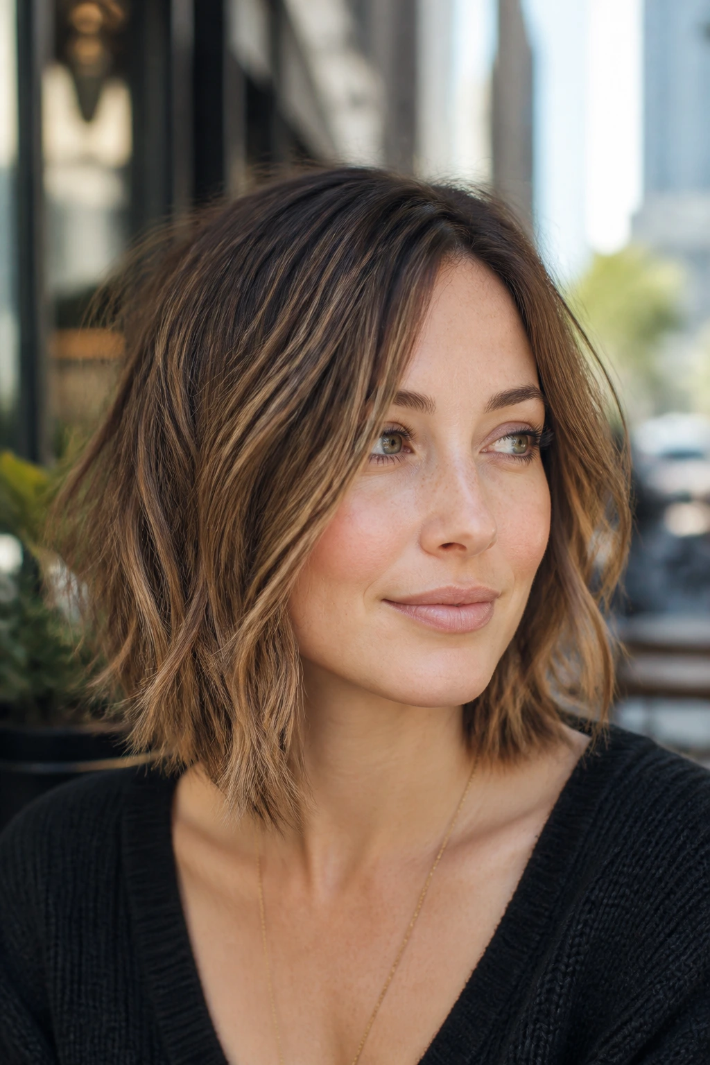 Close-up of choppy layered bob with textured ends in daylight