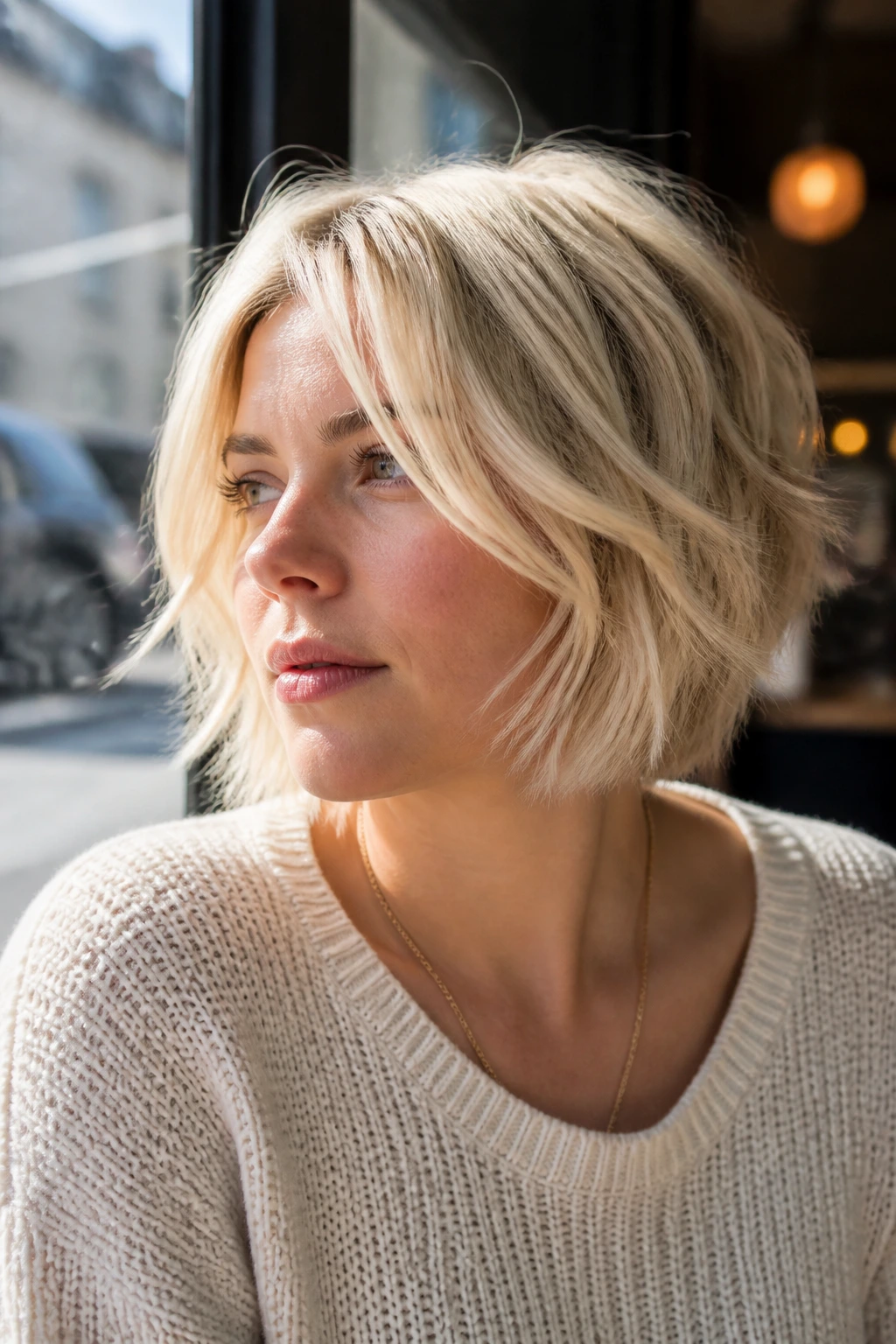 Portrait of a woman with a choppy layered bob in buttercream blonde