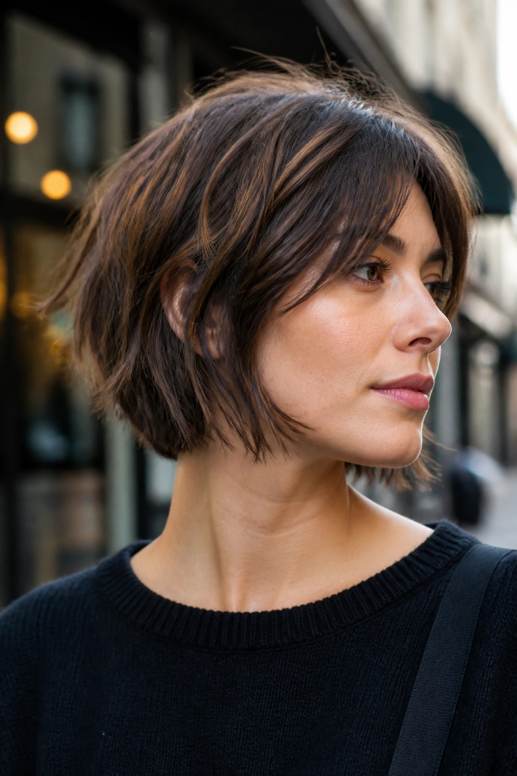 Close-up of a woman with a choppy layered bob showing jagged layers in daylight street setting.