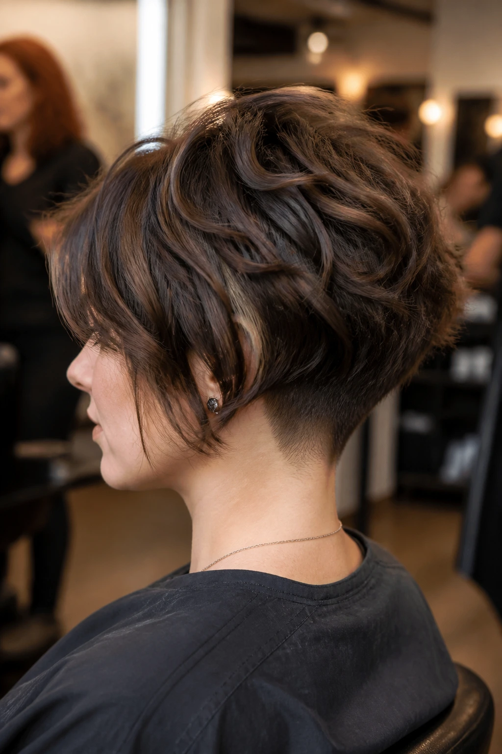 Close-up of real person with choppy layered bob and undercut
