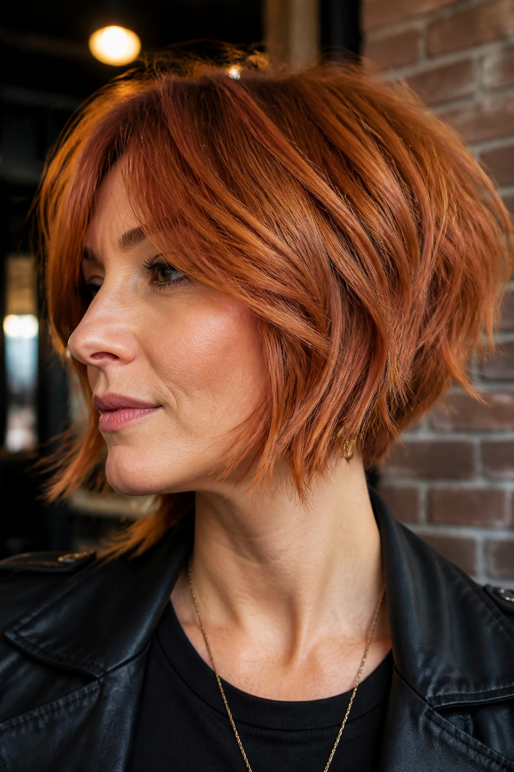 Close-up of a real woman with choppy layered copper bob against urban loft backdrop
