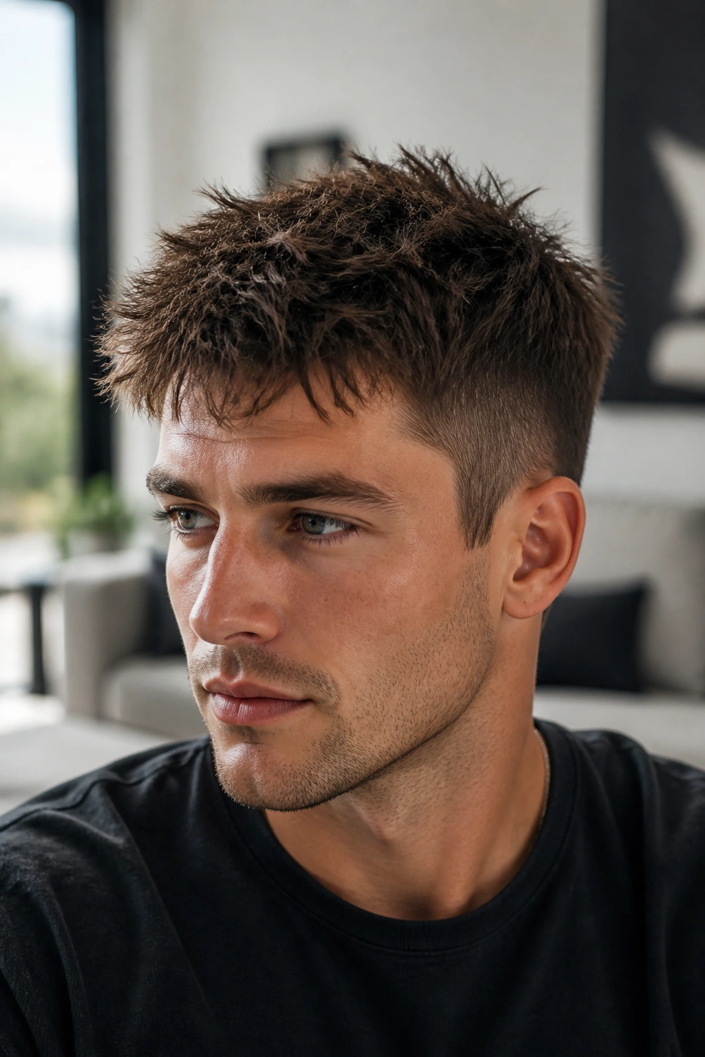Close-up portrait of a man with a choppy layered crop in a modern living room
