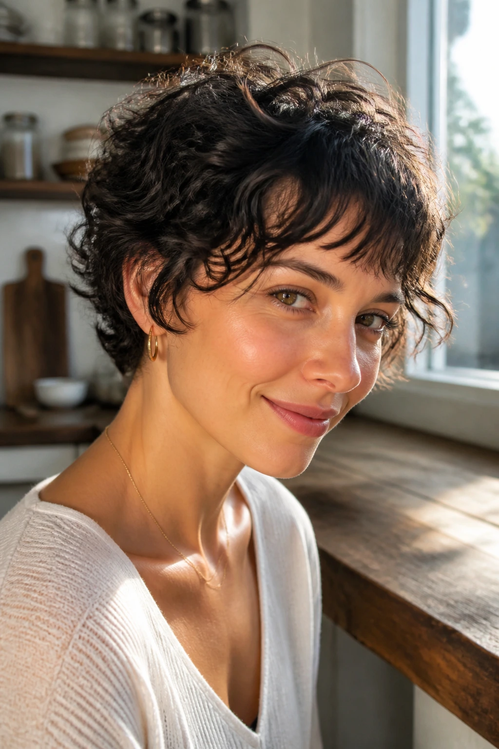 Close-up portrait of a person with a choppy layered crop and short bangs in bright morning light