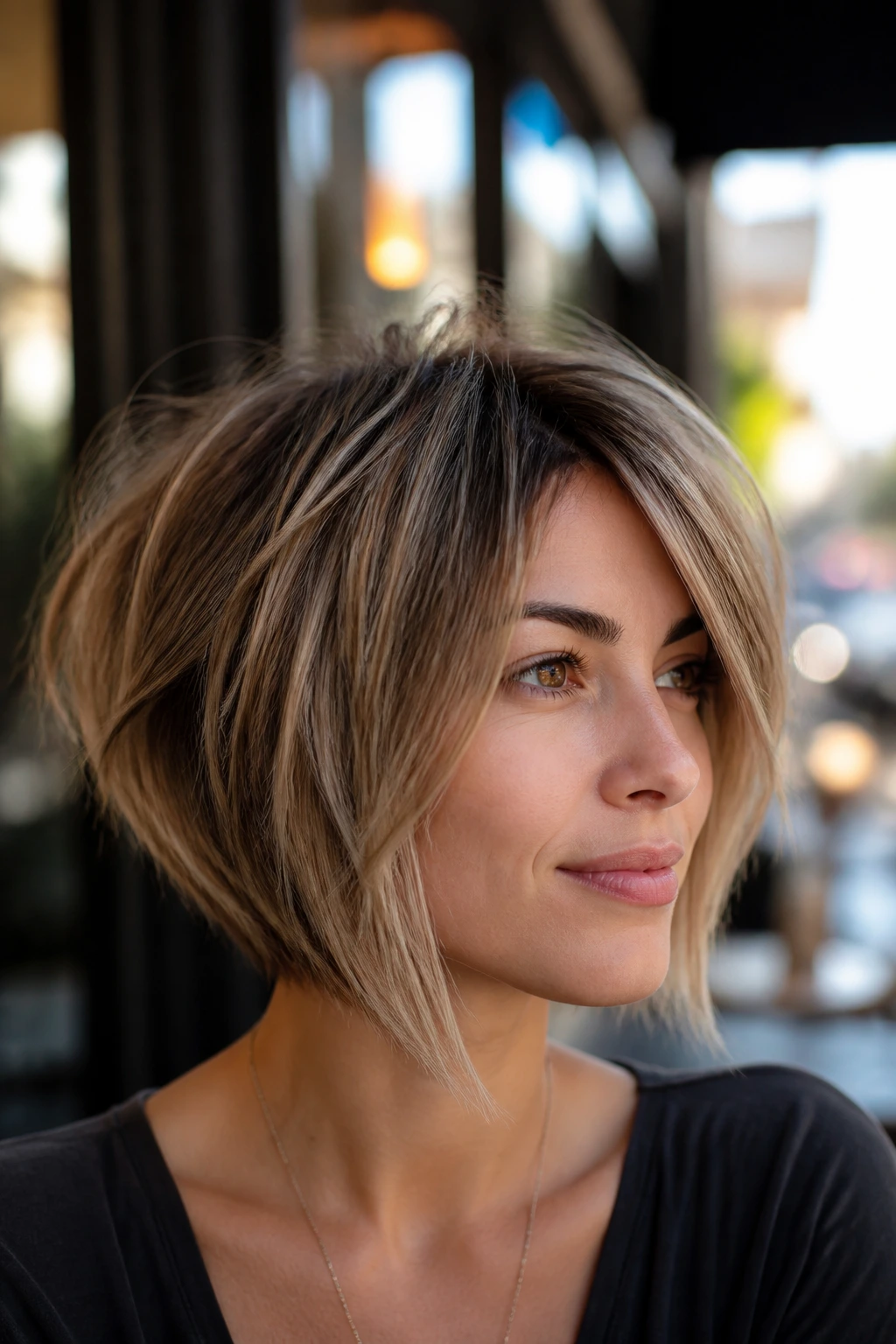Close-up portrait of a real woman with a choppy layered inverted bob