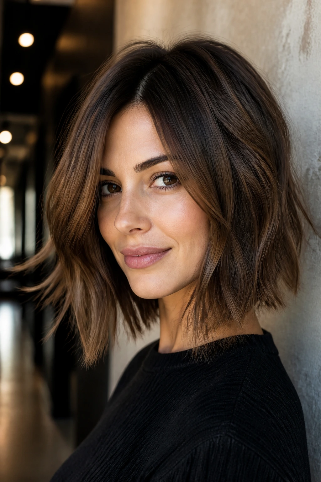 Close-up of a real woman with a choppy layered long bob