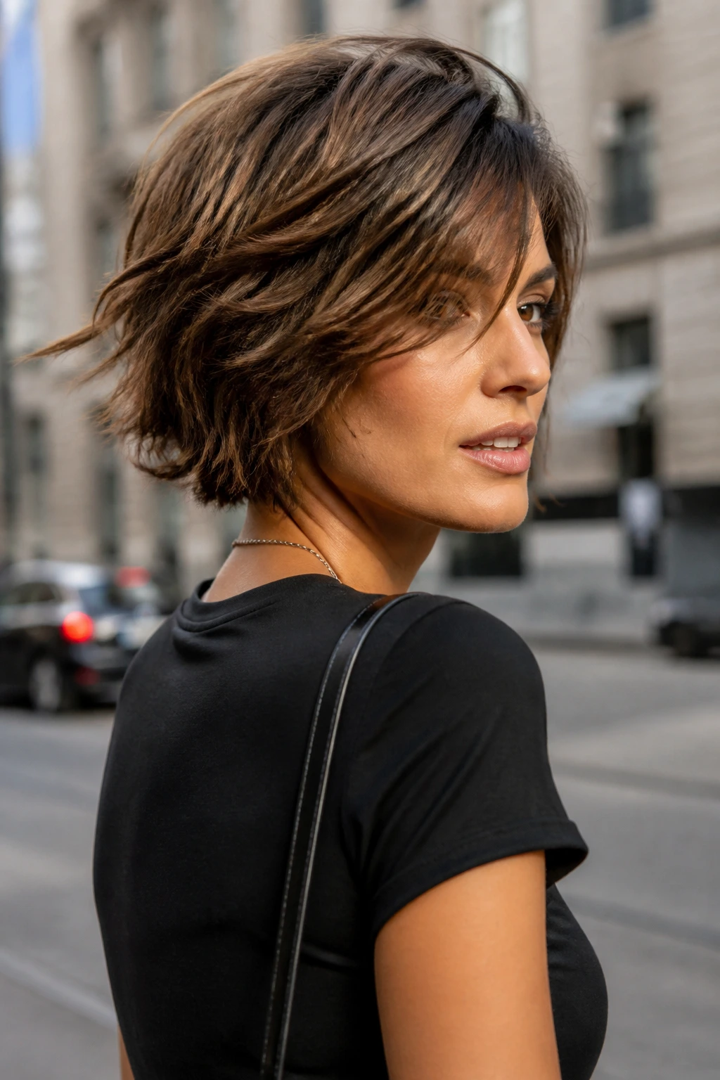 Mid-shot of a real woman with choppy layered stack showing movement and varied lengths.