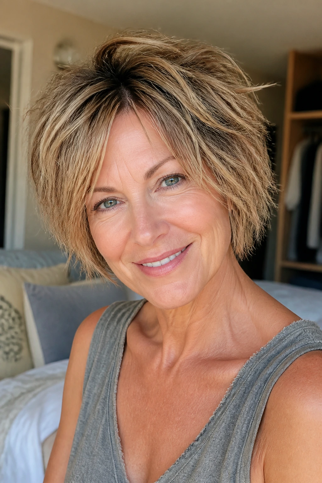 Portrait of a woman with a choppy layered stack hairstyle showing bedhead texture