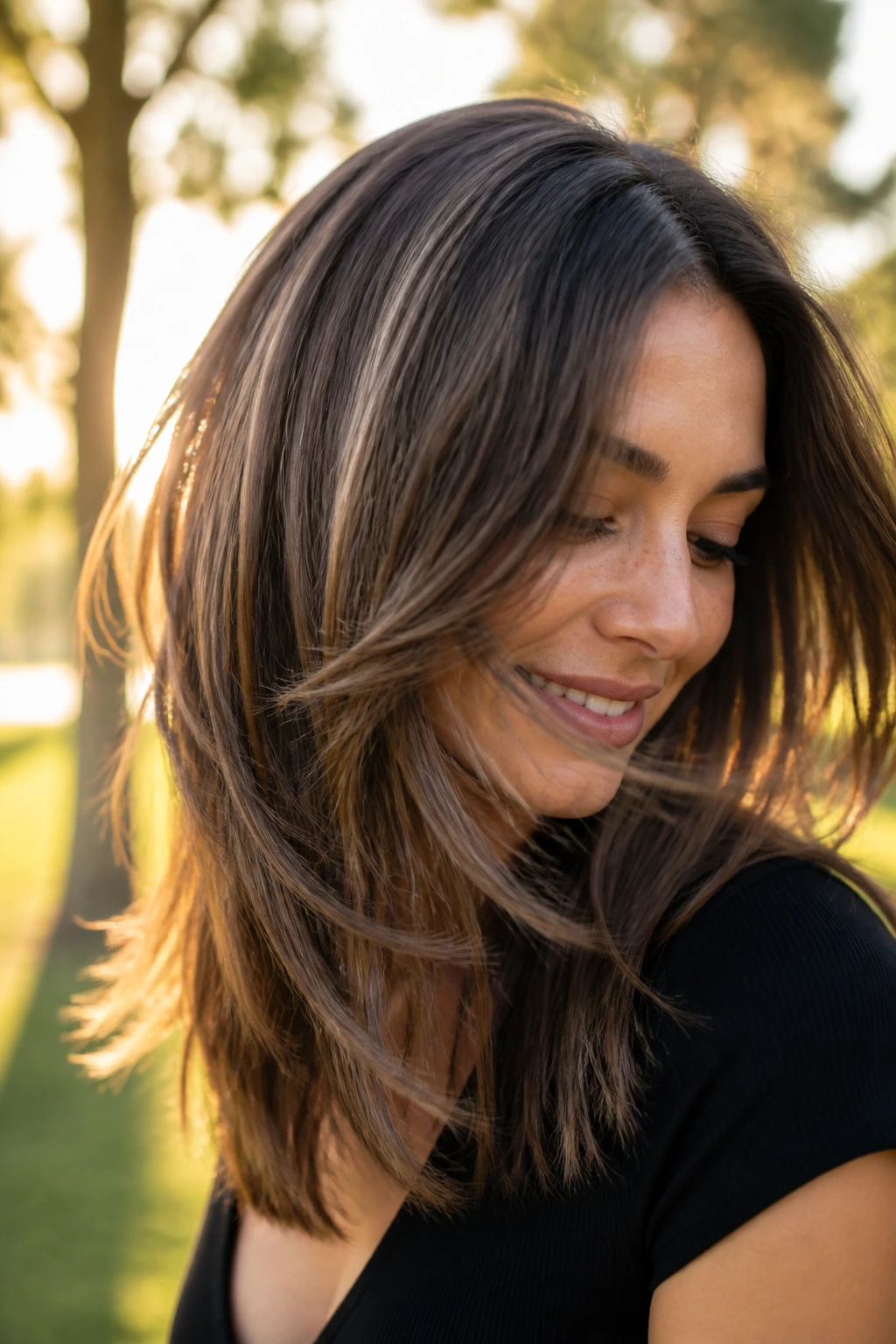 Close-up of woman with choppy layers adding movement in golden hour light