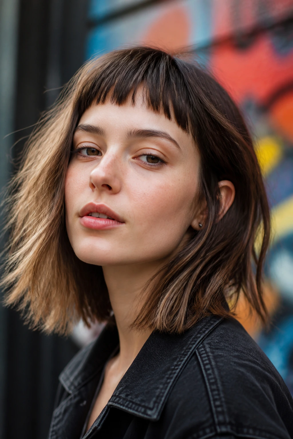 Real woman with choppy lob and baby bangs