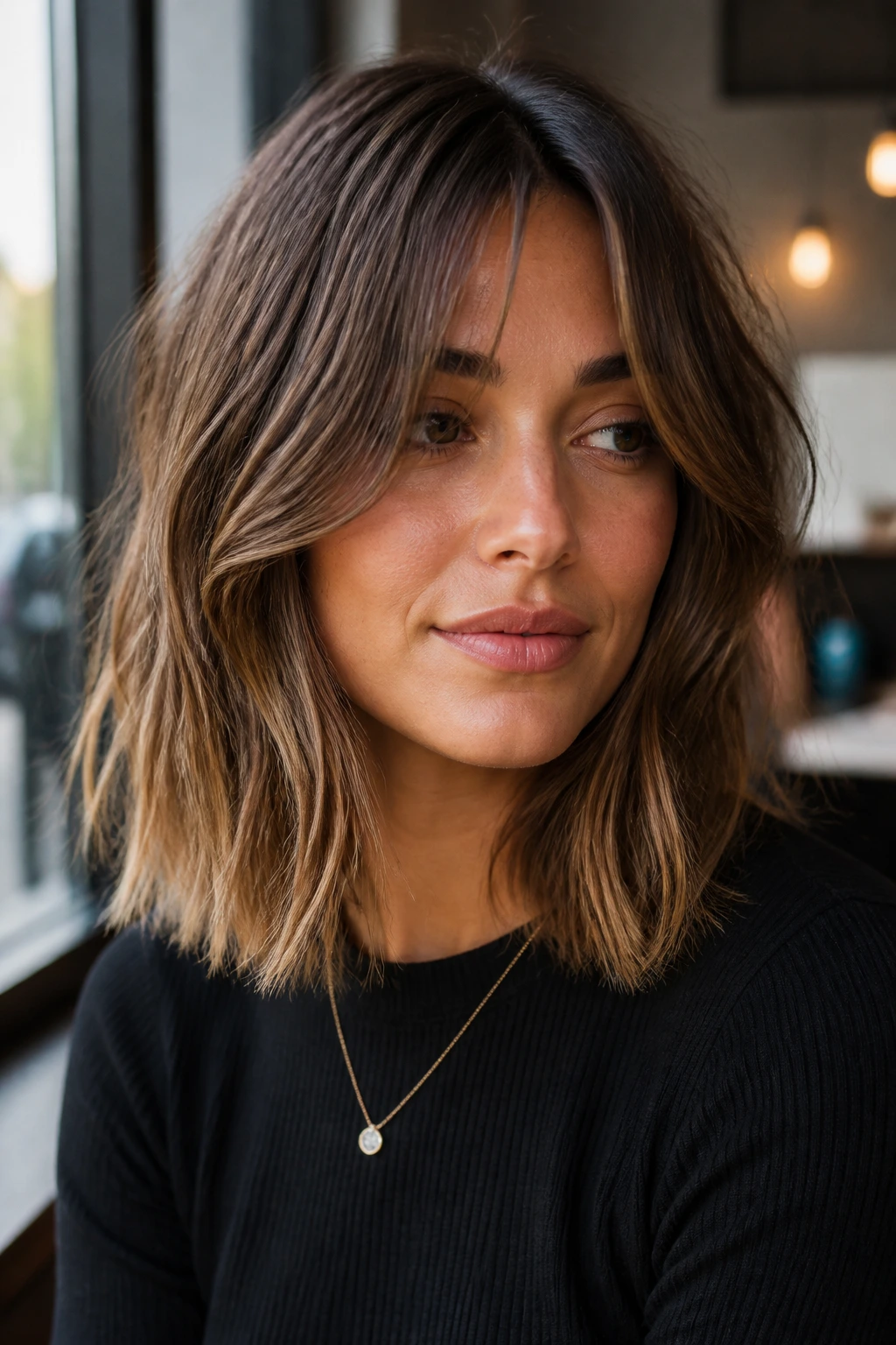 Close-up portrait of a real woman with choppy lob and curtain bangs framing her face.