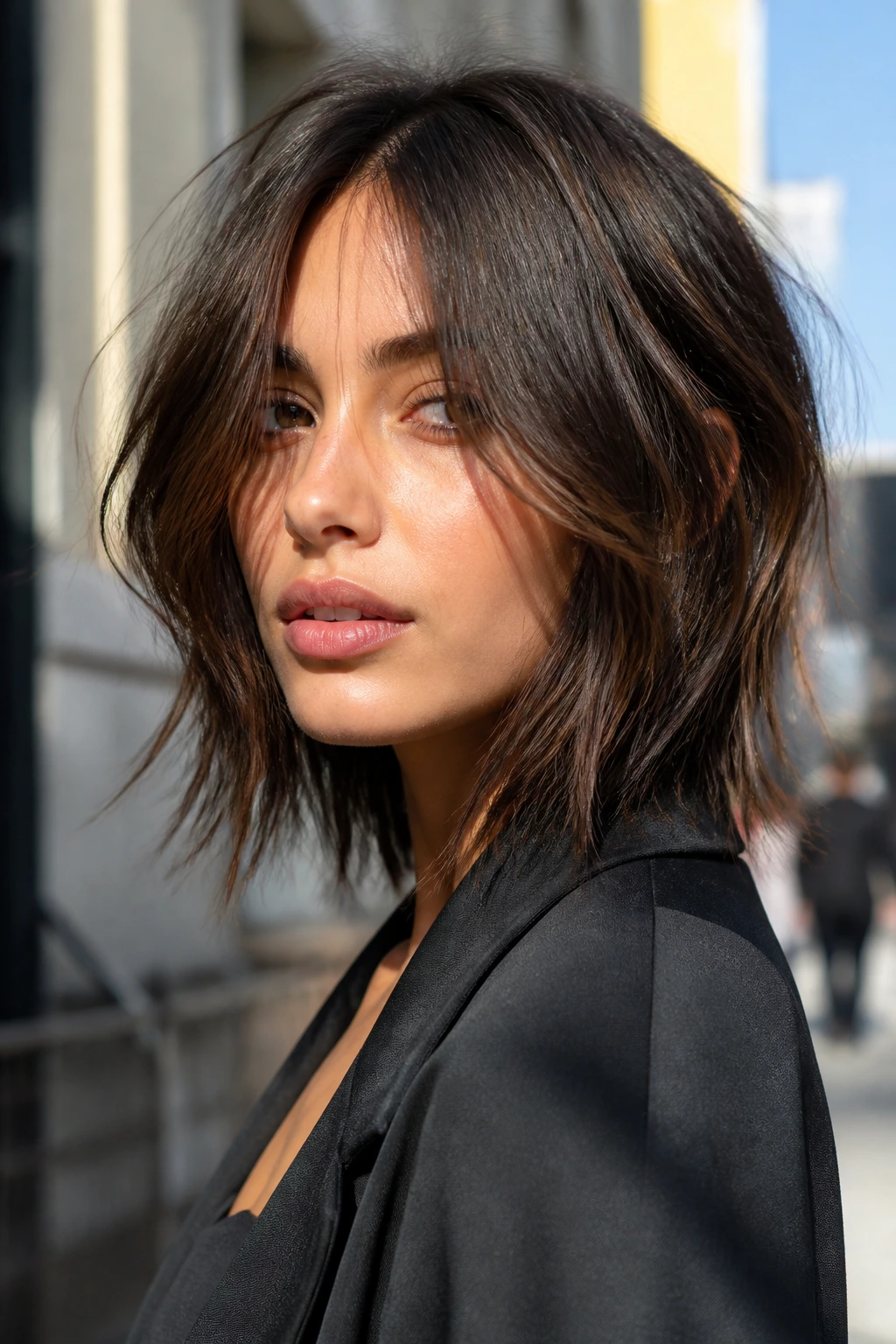 Real person with choppy lob and face-framing layers in urban light