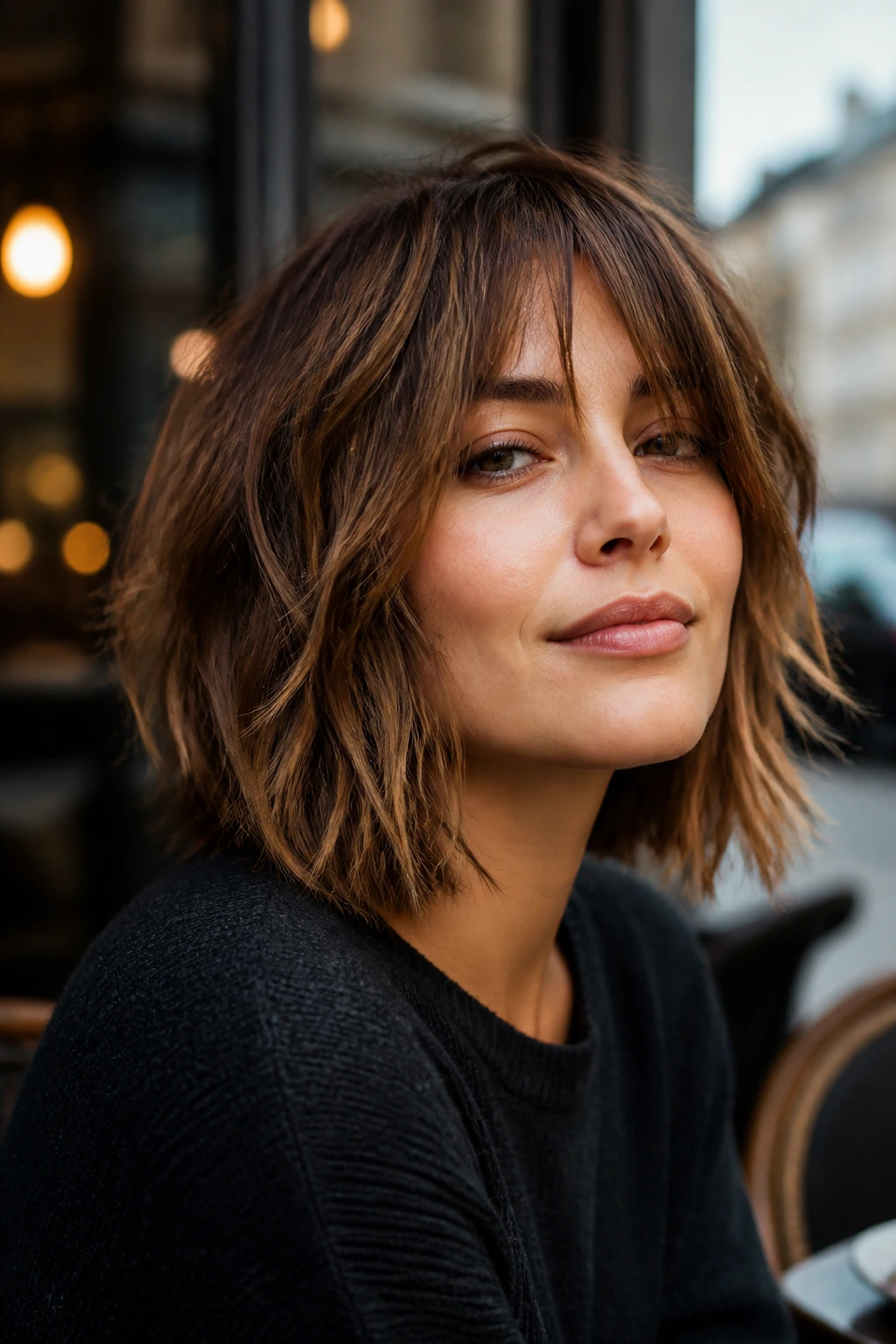 Close-up portrait of a real woman with choppy layered lob