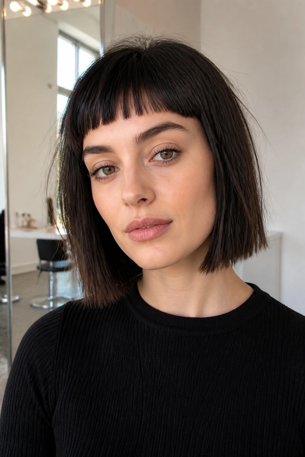 Close-up of a real woman with a choppy lob and micro-bangs in bright light.