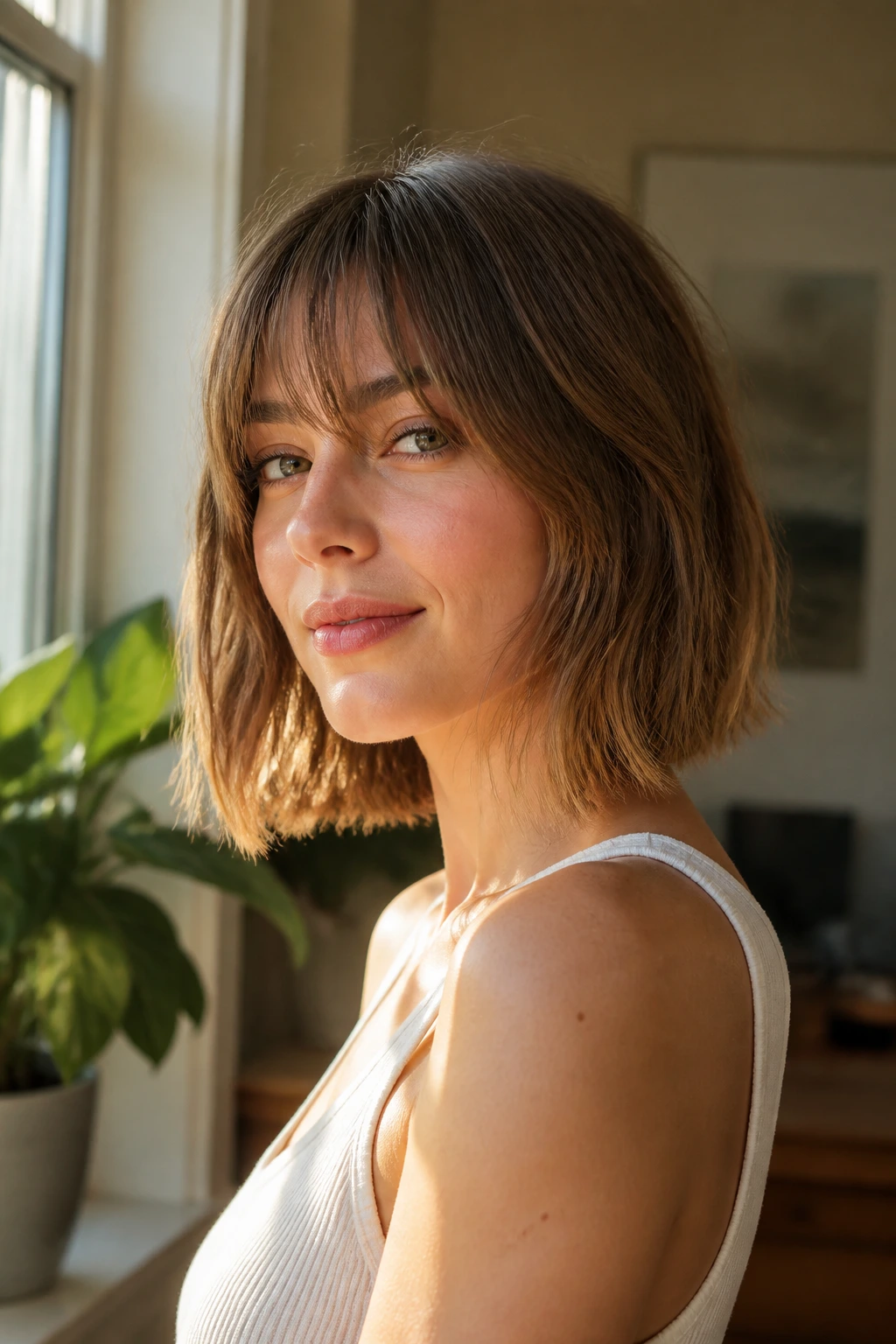 Woman with choppy lob and wispy fringe in golden hour light