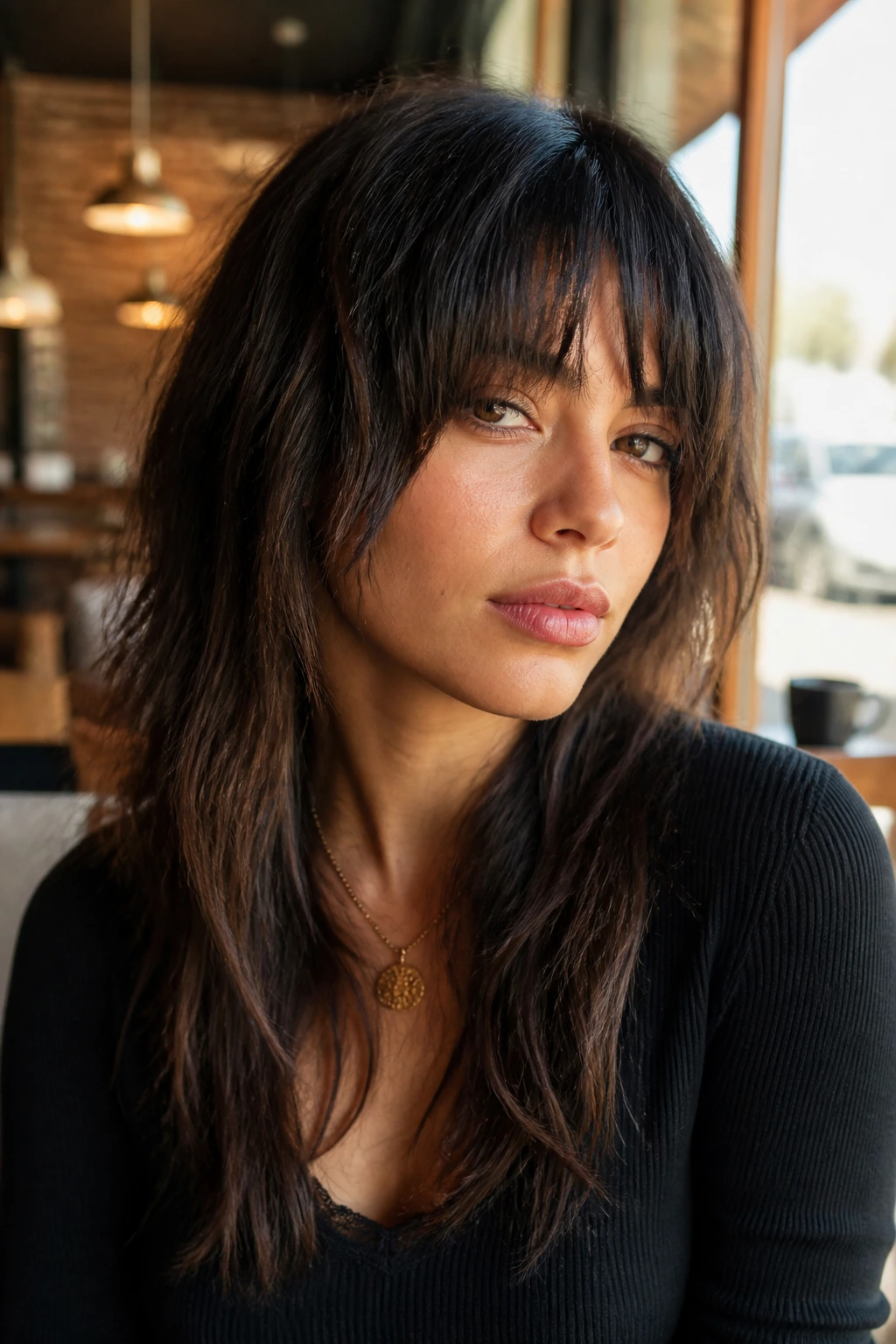 Medium close-up of a real person with choppy long-line layers in cafe light