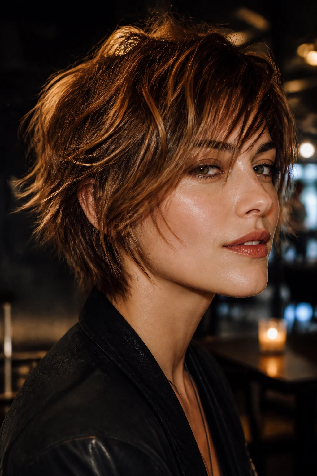 Close-up of a woman with choppy messy-chic wedge hairstyle in backstage lighting