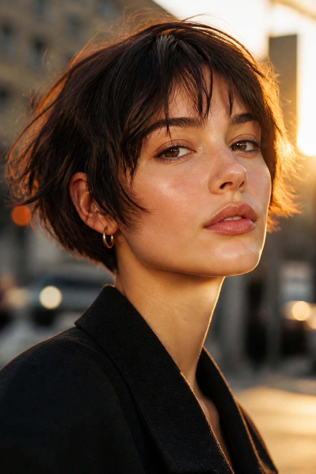 Portrait of a real woman with a choppy micro-bob on a city street at golden hour