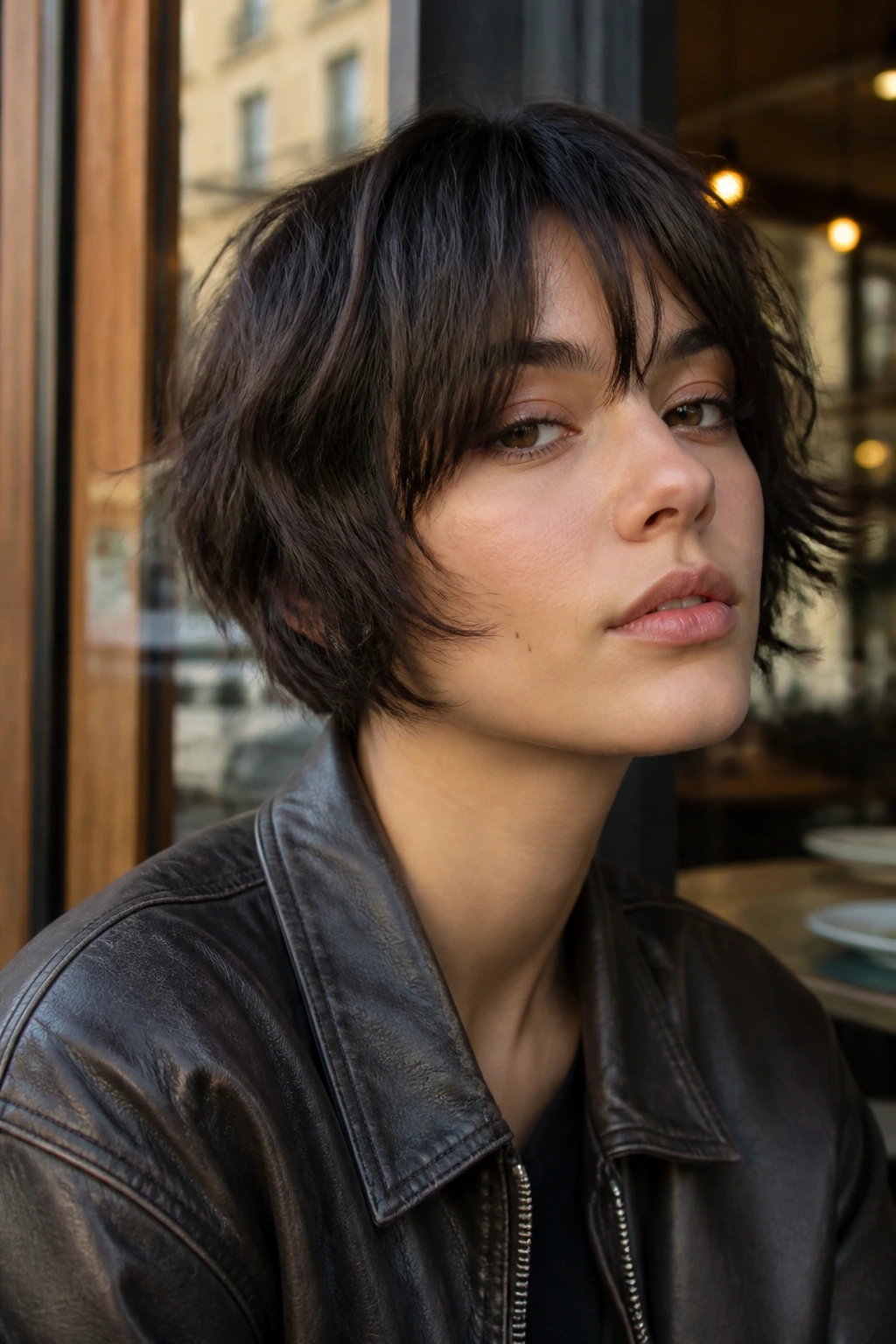 Close-up of a real woman with choppy micro-bob shag