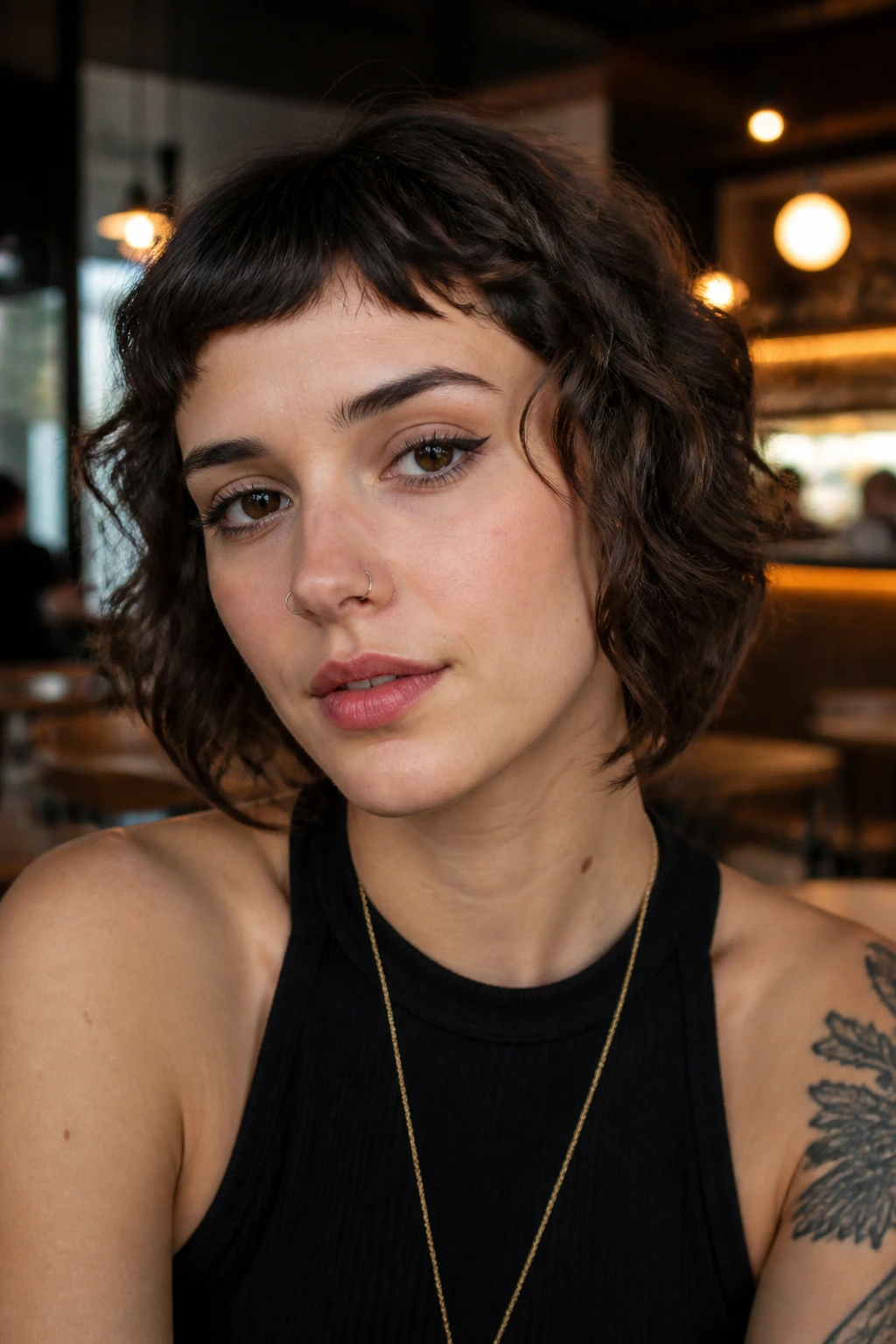 Portrait of a woman with choppy micro-waves and a short fringe above the brows.