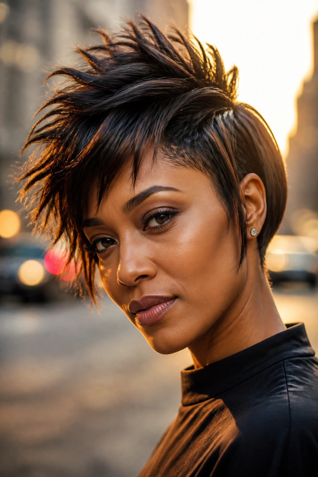 Close-up of a real person with a choppy mohawk bob hairstyle.