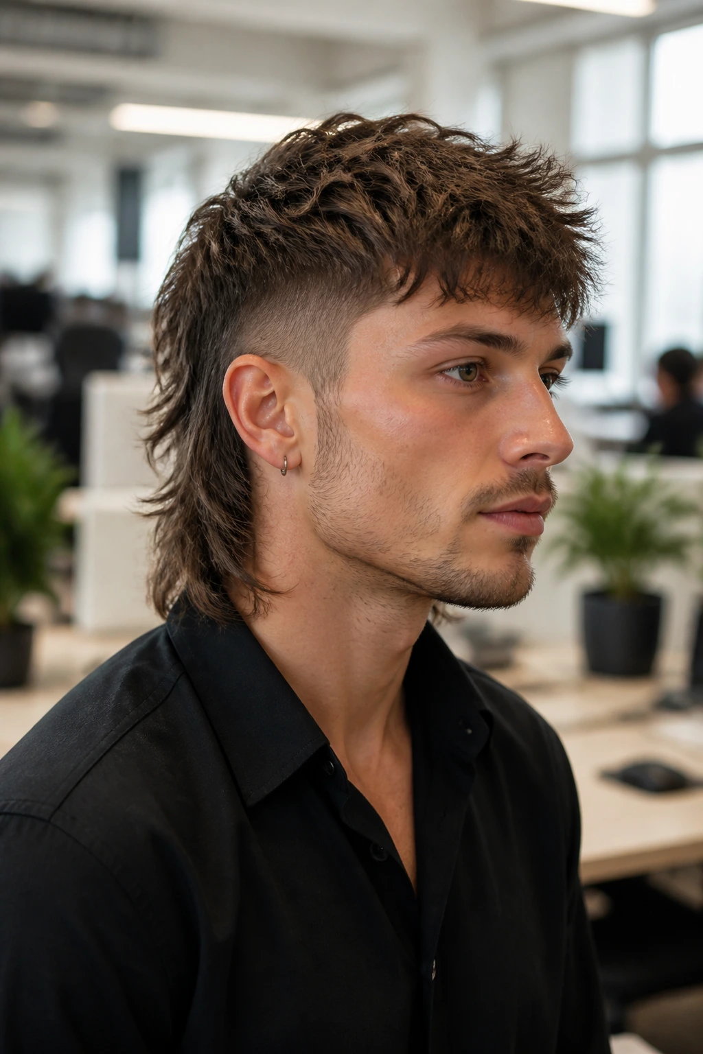 Choppy mullet with tapered sides hairstyle on a real person in a modern office.