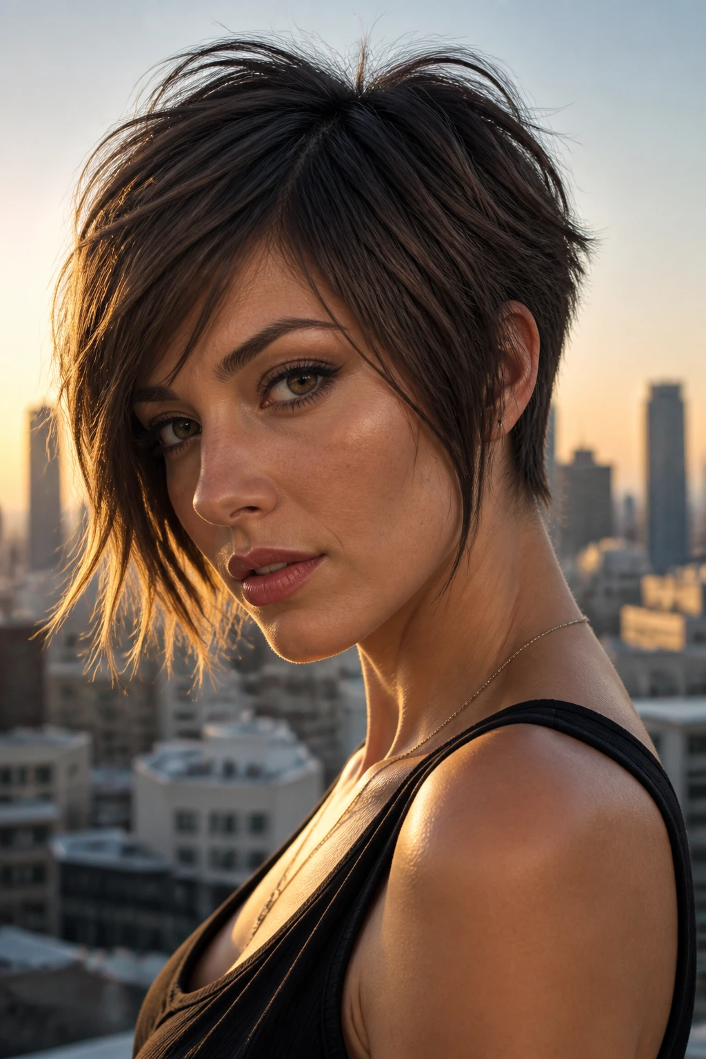 Close-up of a real woman with short cropped back and longer front pixie-bob.