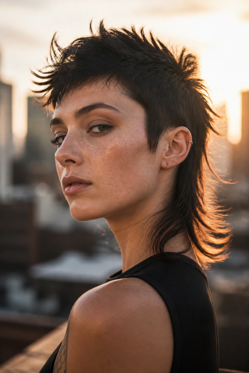 Close-up of a real person with a choppy asymmetrical pixie-mullet.