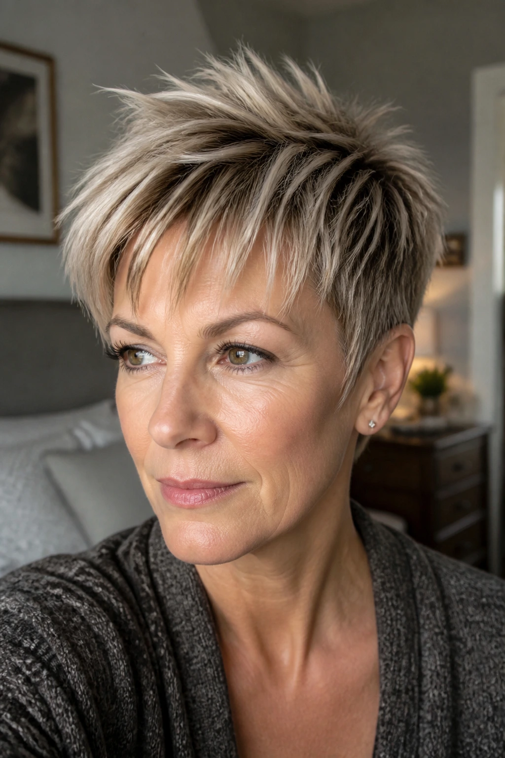 Real woman with choppy pixie and piecey bangs in close-up