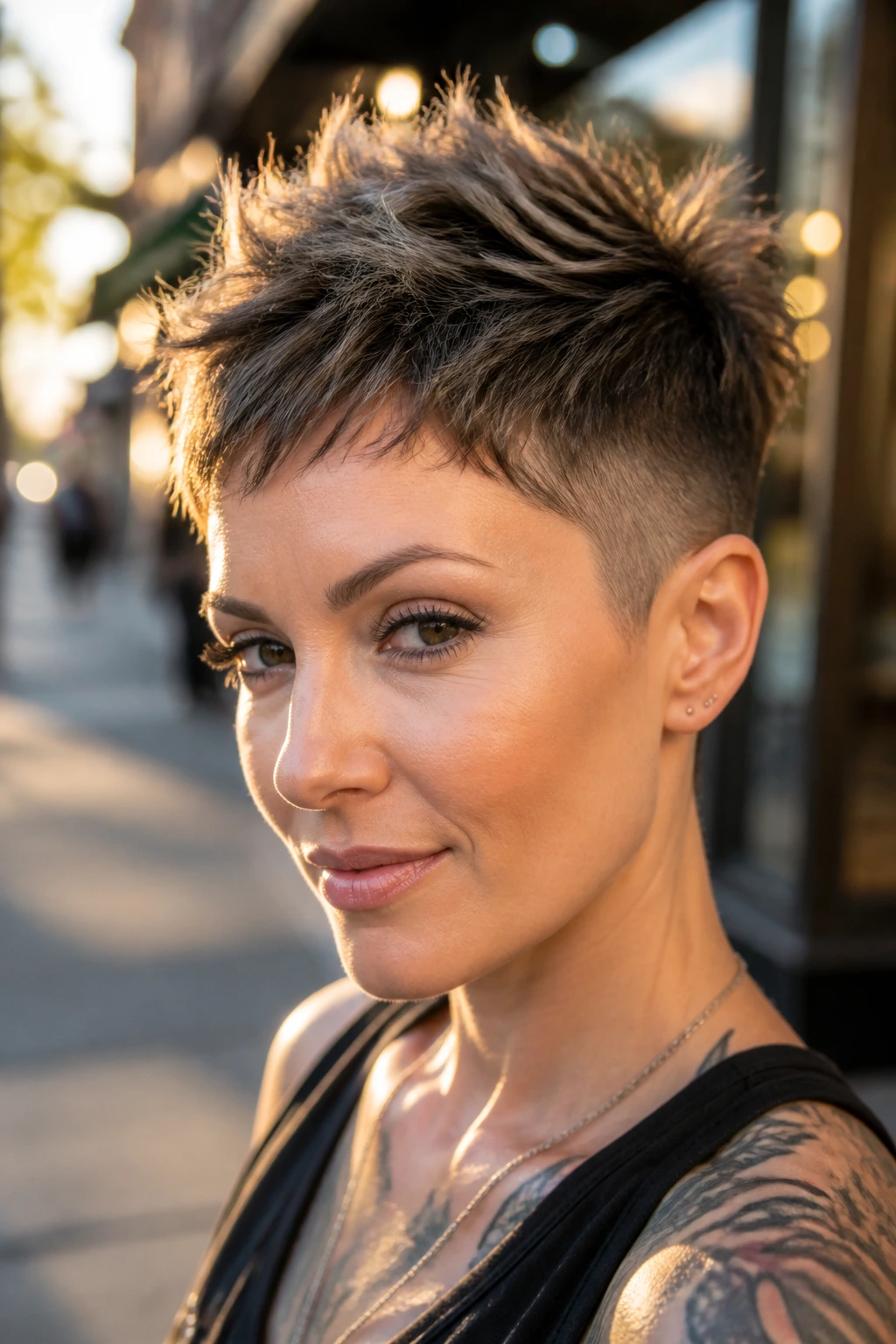 Side profile of a person with choppy pixie and undercut sides in golden hour light