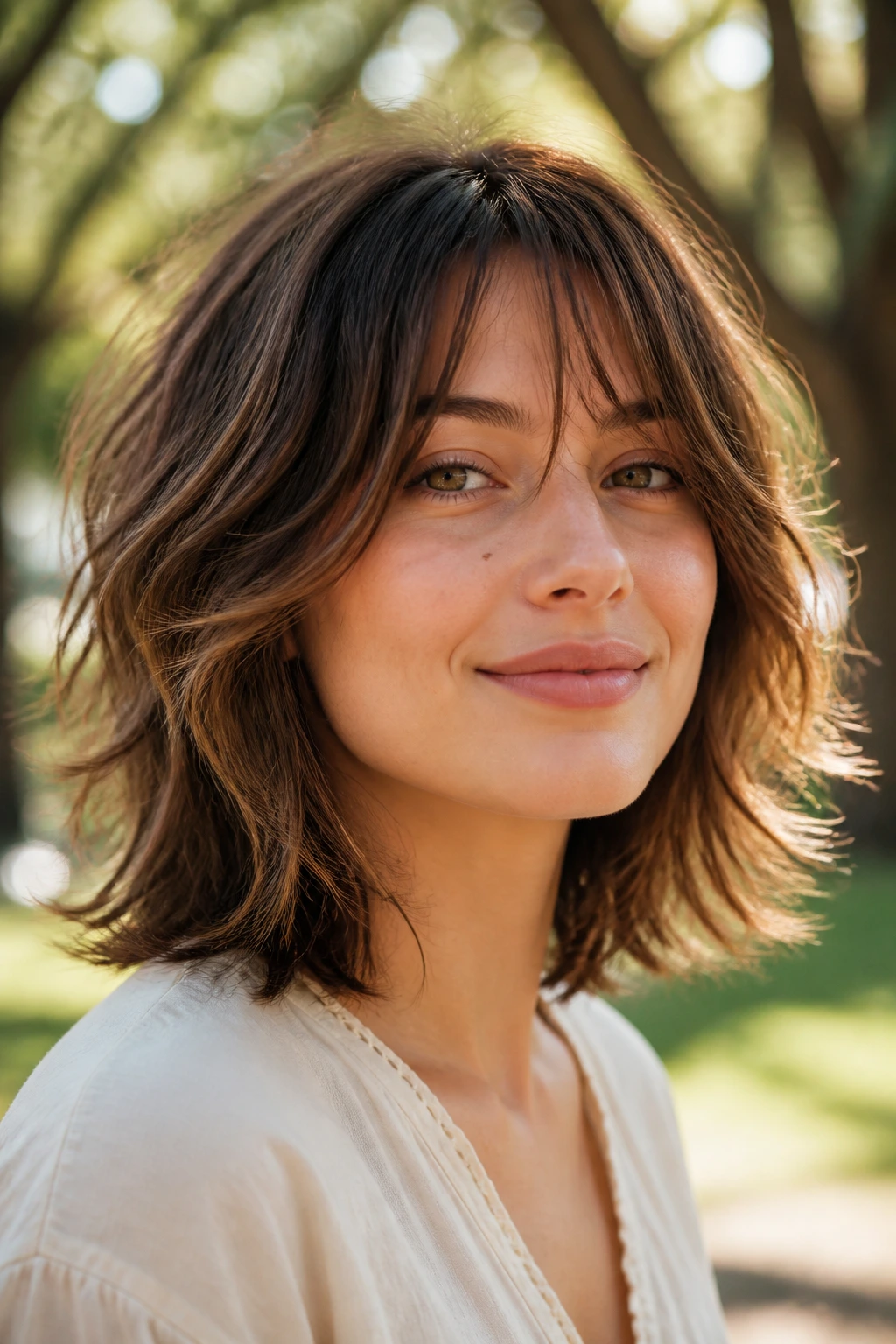 Close-up portrait of real person with choppy razor-cut hair showing feathered texture