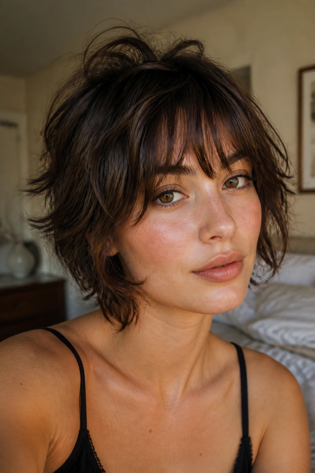 Real person with choppy shag cut and wispy bangs in warm morning light.
