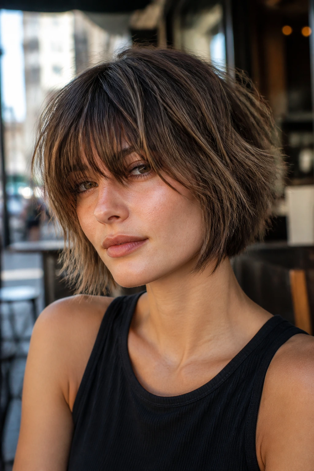 Close-up portrait of a woman with a choppy shag bob and long piecey bangs in outdoor daylight