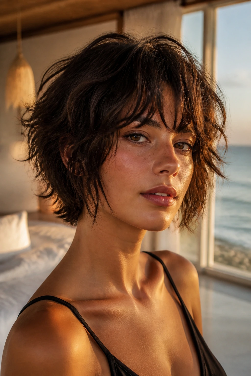 Portrait of a woman with a choppy shag bob and textured crown