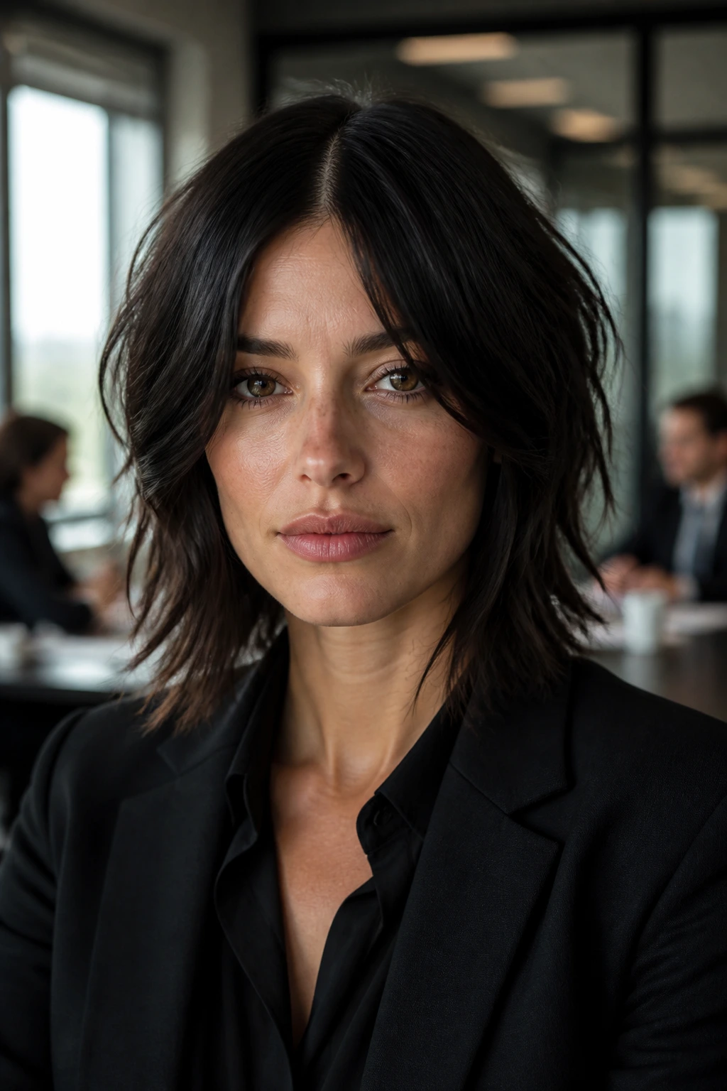 Real person with choppy shag and sleek center part in an office