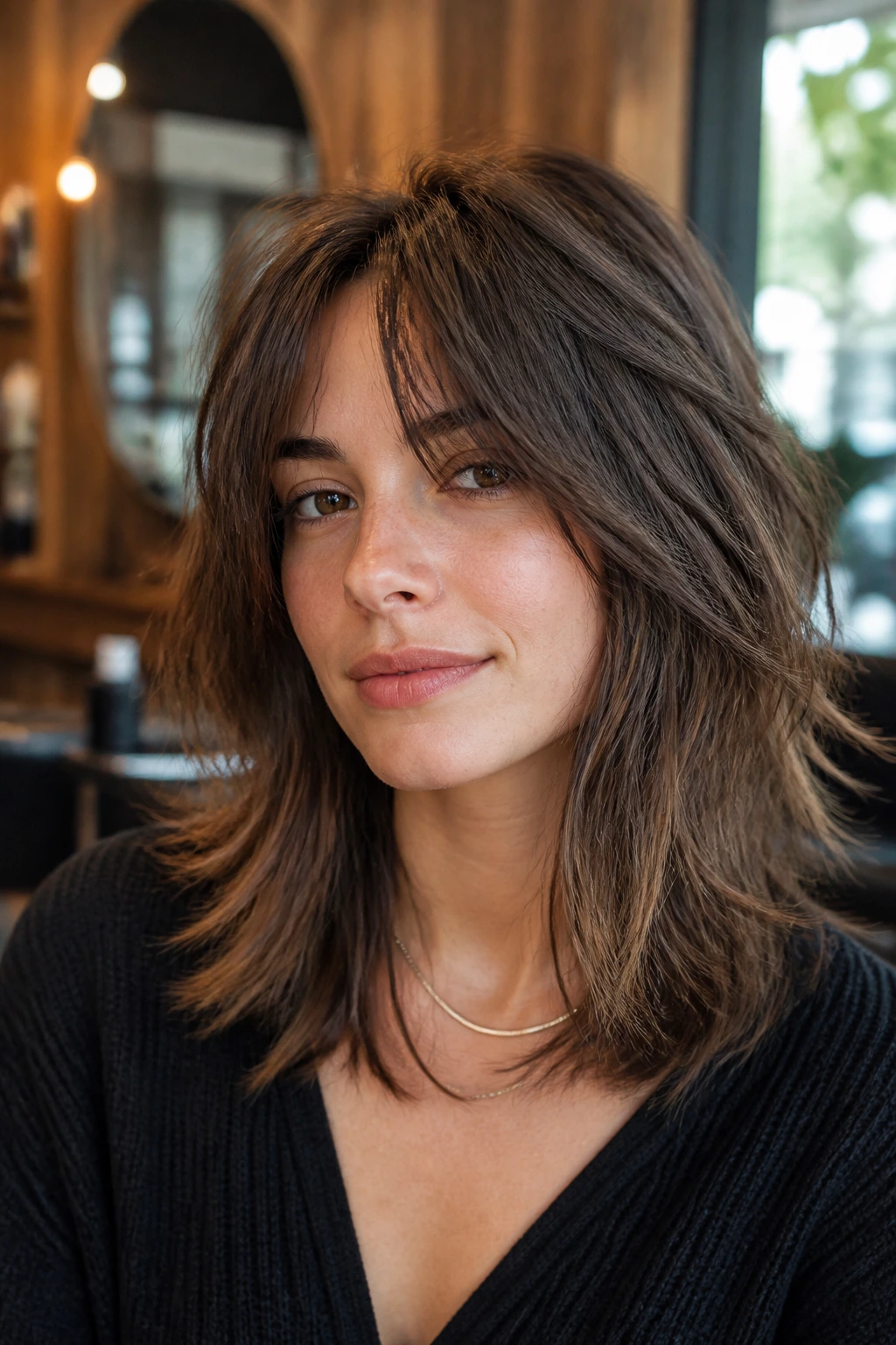 Close-up portrait of a real woman with a classic choppy shag and curtain bangs in a warm salon